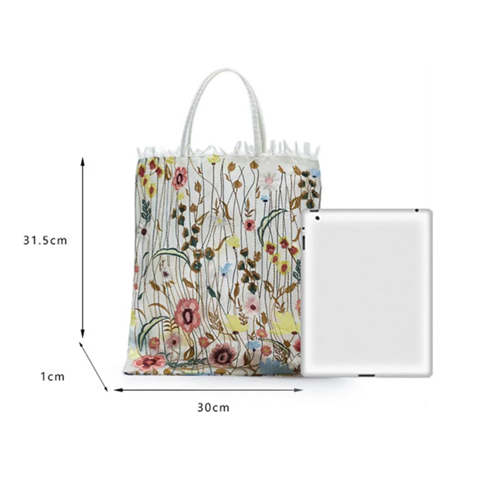 1Pc Fashion Tote Summer New Style Mesh Full Embroidery Flowers Clear Shoulder Bag Romantic Handbag Women's Eco Shopping Bag