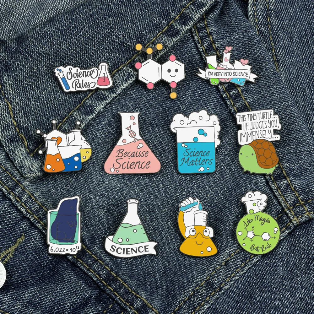 Science Enamel Pins Cartoon Chemistry Experiment Badge Element Molecular Structure Beaker Test Tube Brooches Bag Jewelry Gifts