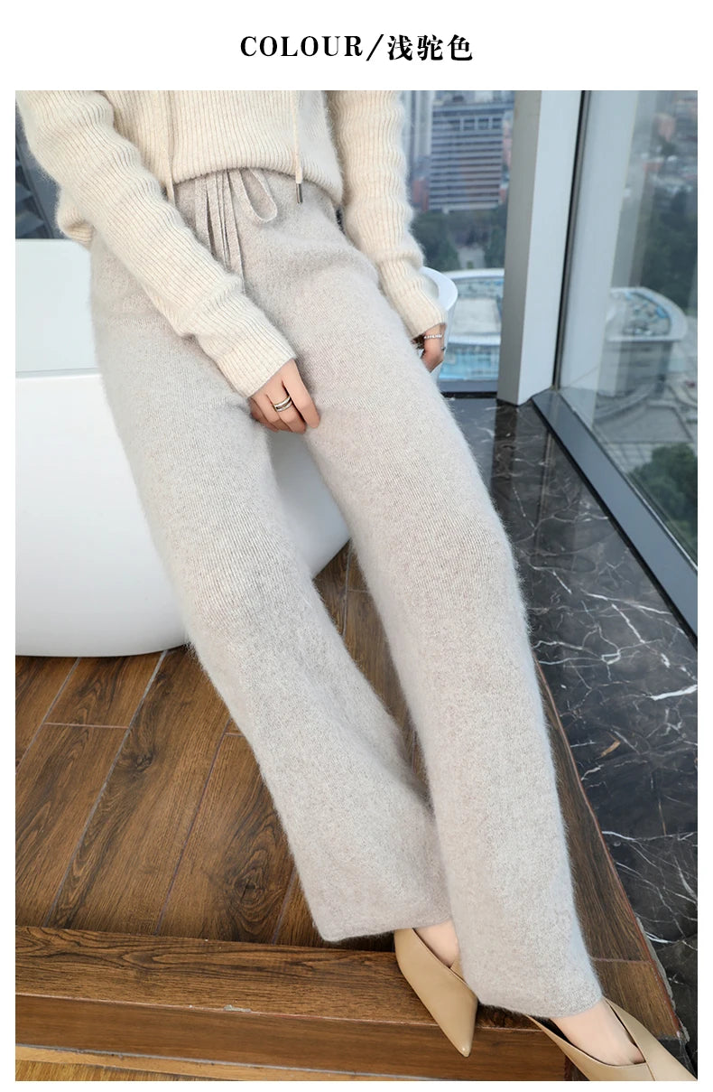 2024 Autumn/Winter New Mink Cashmere Wide Leg Pants for Women, Thickened, Warm, Loose, High Waist Strap up Vertical Casual Pants