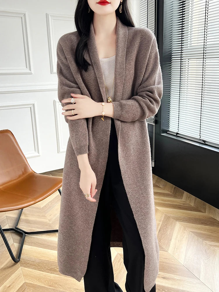 2024 Women Long Cardigan Cashmere Sweater Spring Autumn Winter Office Lady Loose Coat 100% Merino Wool Knitwear Korean Fashion