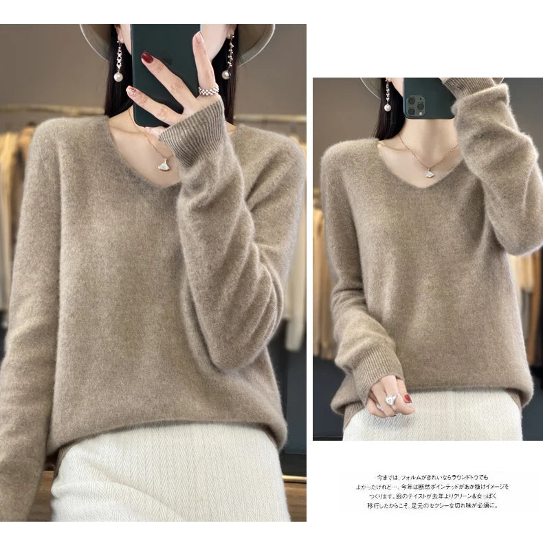 100% pure wool cashmere sweater women's V-neck pullover casual knit top autumn and winter women's coat Korean fashion