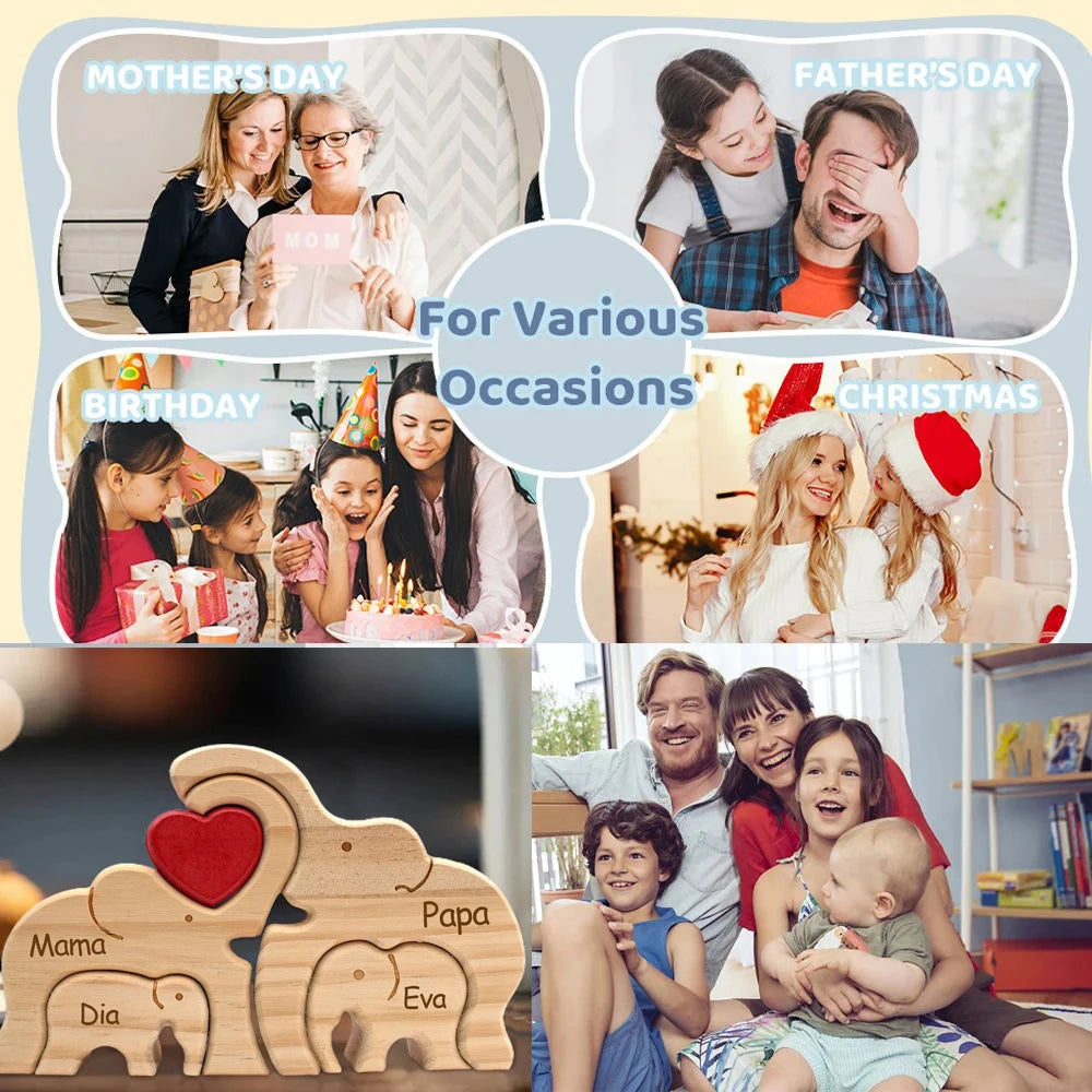 Personalized Elephant Family Wooden Puzzle Love Animal Wood Puzzle Custom Family Name Sculpture Free Engraving Decor Gifts Valentines Gift