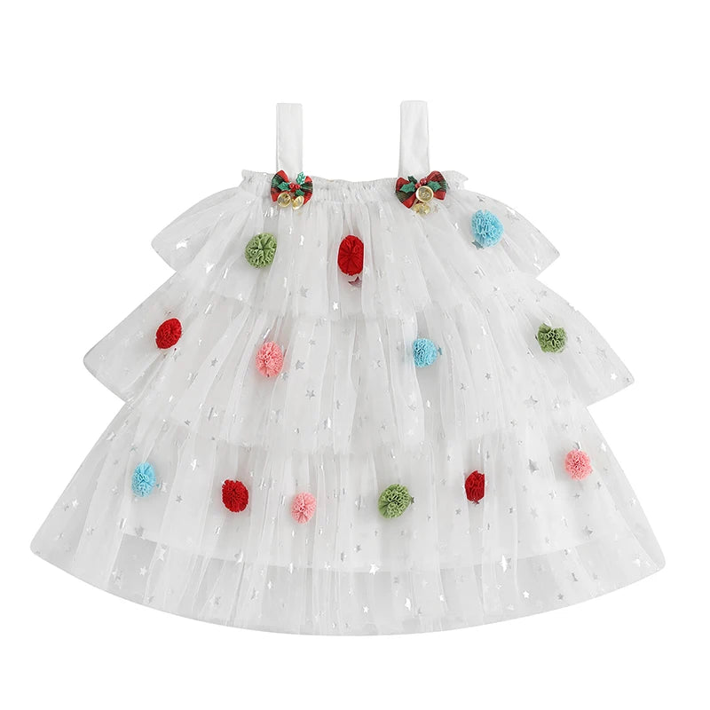 Kids Girl Fashion Valentine Day Dress Star Print Square Neck Sleeveless Layered Tulle Dress with 3D Heart for 1-9 Years Valentines Gift