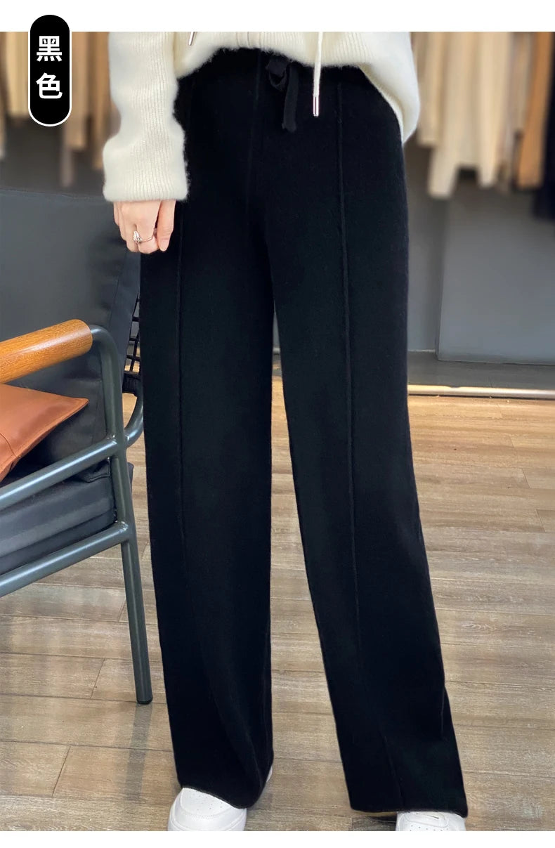 Women's Cashmere Pants 100% Merino Wool Broadfoot Pants Women's Knit Loose Knit Pants Fall/Winter 2024 Women's Thick Pants