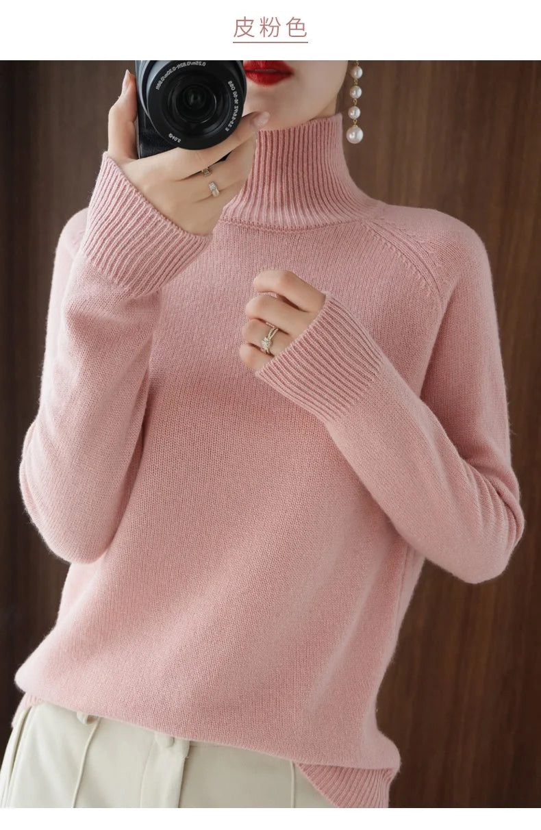 Fashion Basic Autumn Winter  Merino Wool Sweater Mock Neck Cashmere Pullover  Solid Color Soft Long Sleeve Clothing Tops