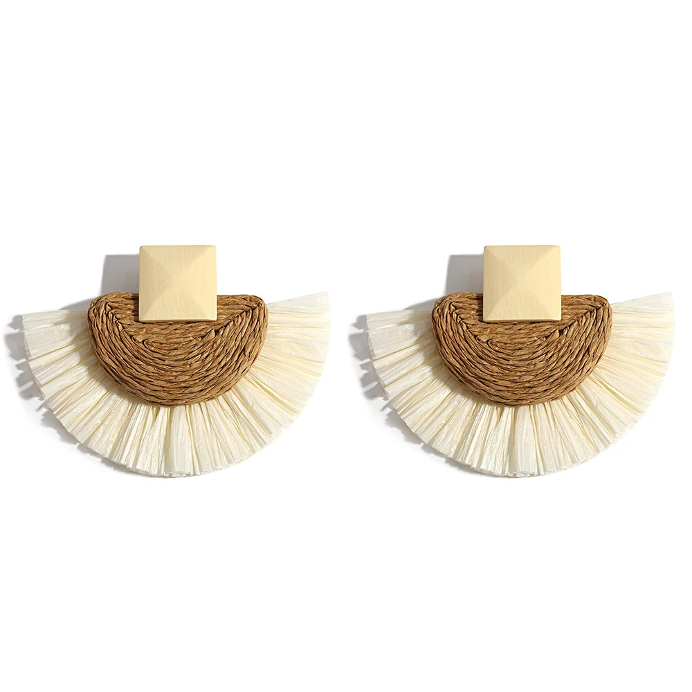 AENSOA Bohemia Handmade Raffia Rattan Braid Wooden Big Large Drop Earrings for Women Boho Jewelry Exaggerated Ethnic Earring