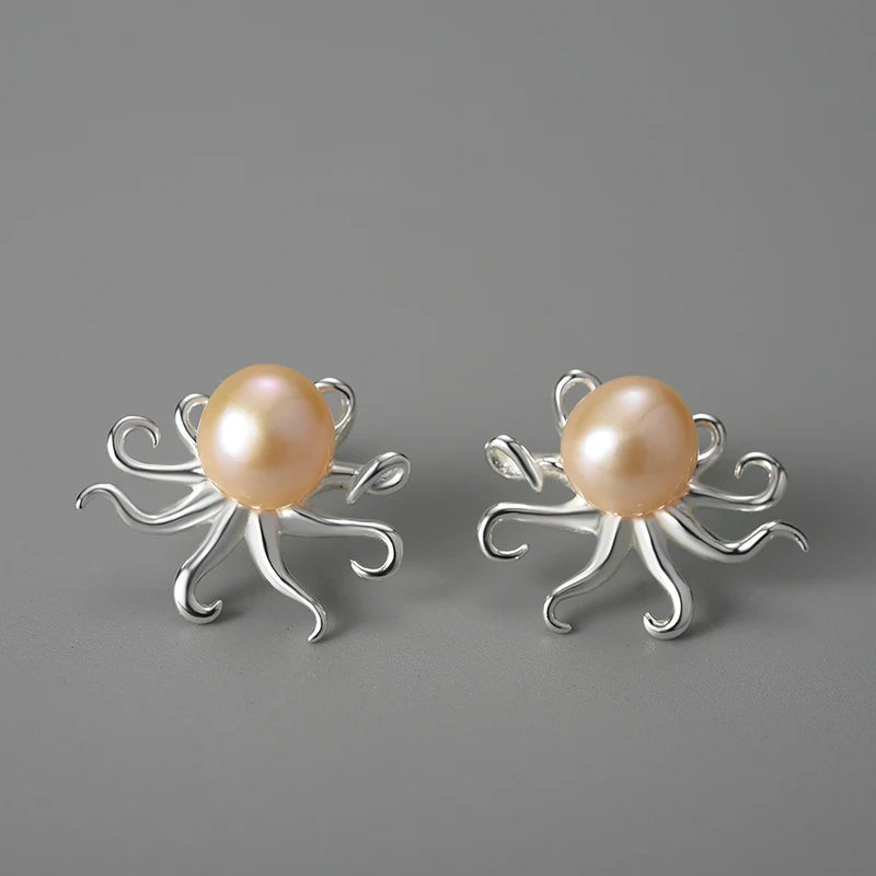 Lotus Fun Creative Octopus Natural Pearl Stud Earrings for Women Real 925 Sterling Silver Original Statement Luxury Fine Jewelry