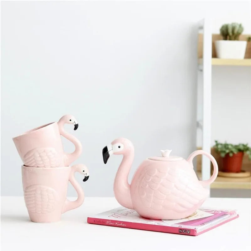 Flamingo Coffee Mugs and Teapot Set 15 Ounce Ceramic Flamingo Cups 34 Ounce Porcelain Teapot Flamingo Tea Set Gift  (Set of 3)