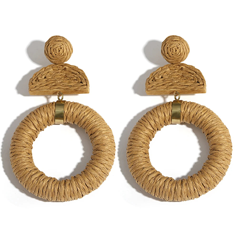 AENSOA Bohemia Handmade Raffia Rattan Braid Wooden Big Large Drop Earrings for Women Boho Jewelry Exaggerated Ethnic Earring