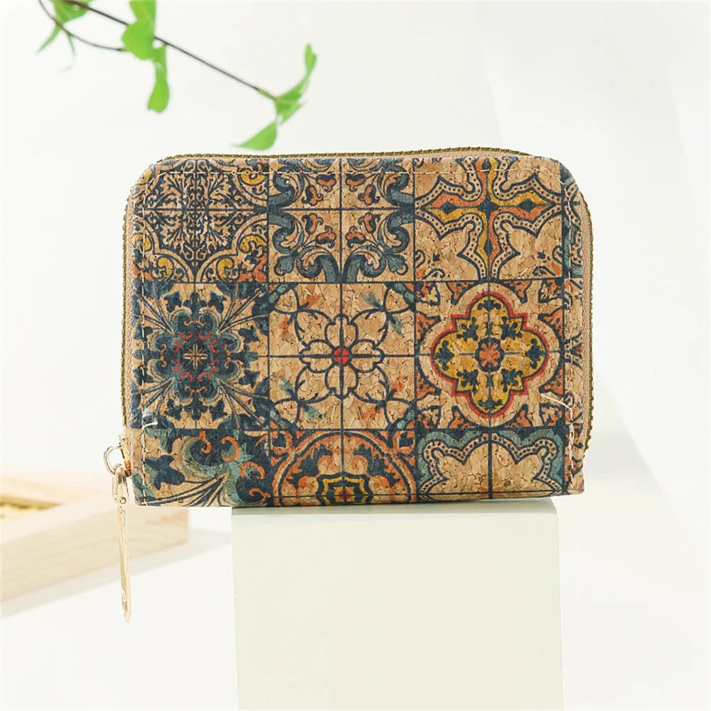 Retro Printed Women's Short Wallet Zipper Cork Leather Card Bag Multi functional Card Slot Women's Card Case Money Pouch Clutch