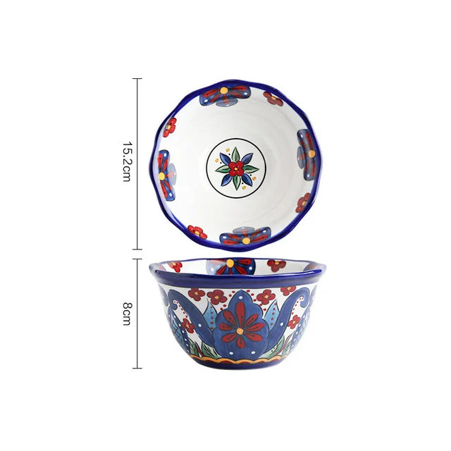 Creative Bowl Ceramic Bohemian Hand-Painted Rice Bowl  Instant Noodle Bowl Household Fruit Salad Bowl Kitchen Tableware