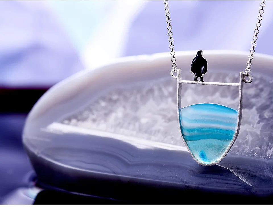 Lotus Fun Real 925 Sterling Silver Natural Agate Gemstones Fine Jewelry Lovely Penguin Necklace with Pendant for Women Collier