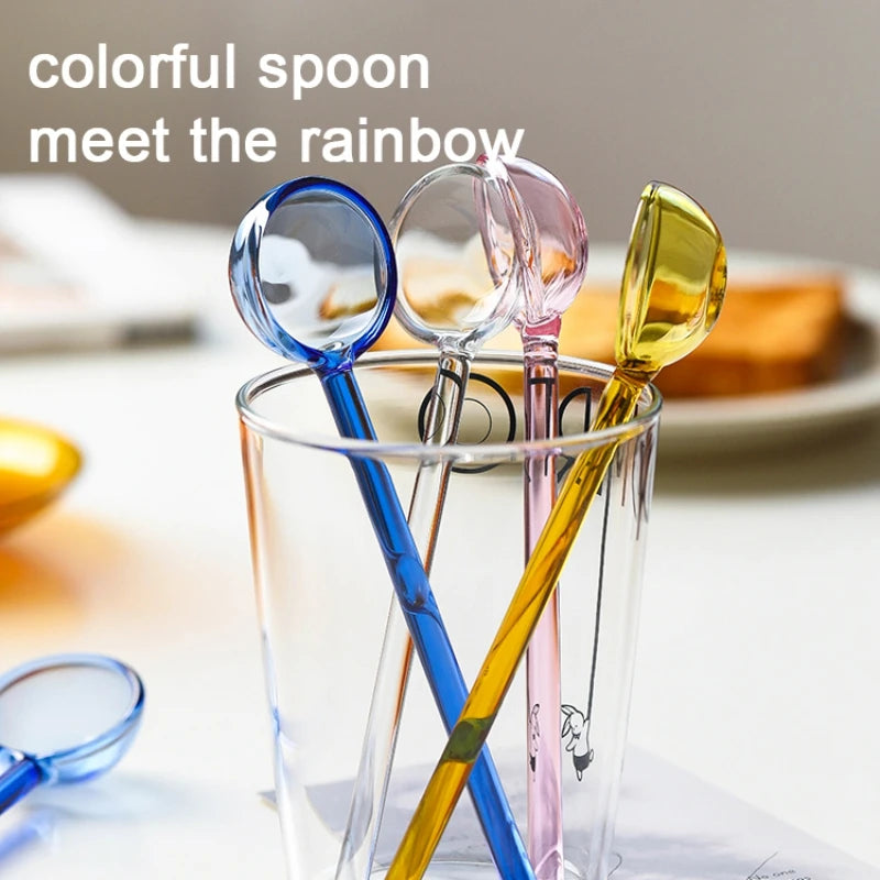 Creative Glass Milk Spoons Colored Transparent Coffee Dessert Stirring Long Handle Spoon Round Kitchen Tableware Stirrer Rod