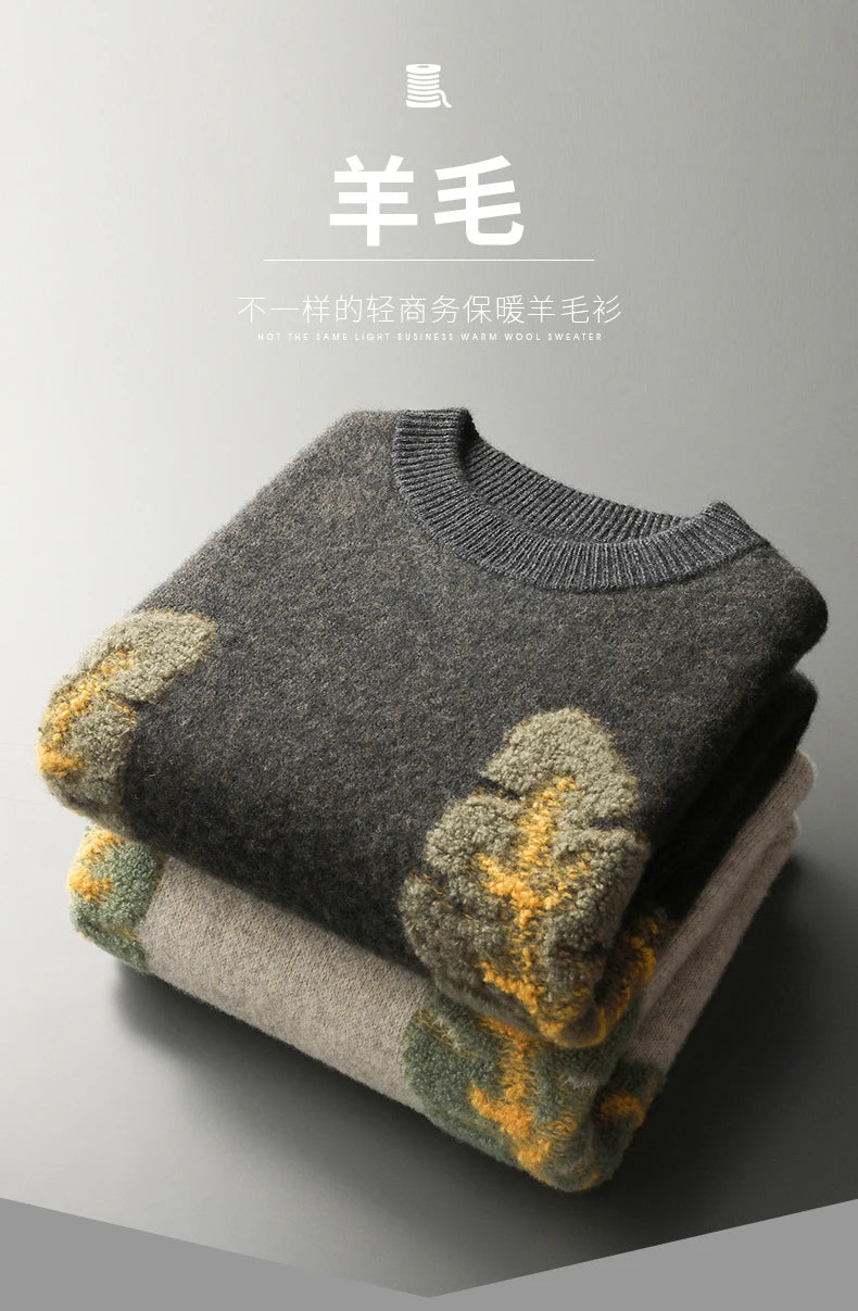 Autumn and Winter New 100% Merino Wool Men's Cashmere Sweater Round Neck Pullover  Knitted Casual Fashion Retro Top