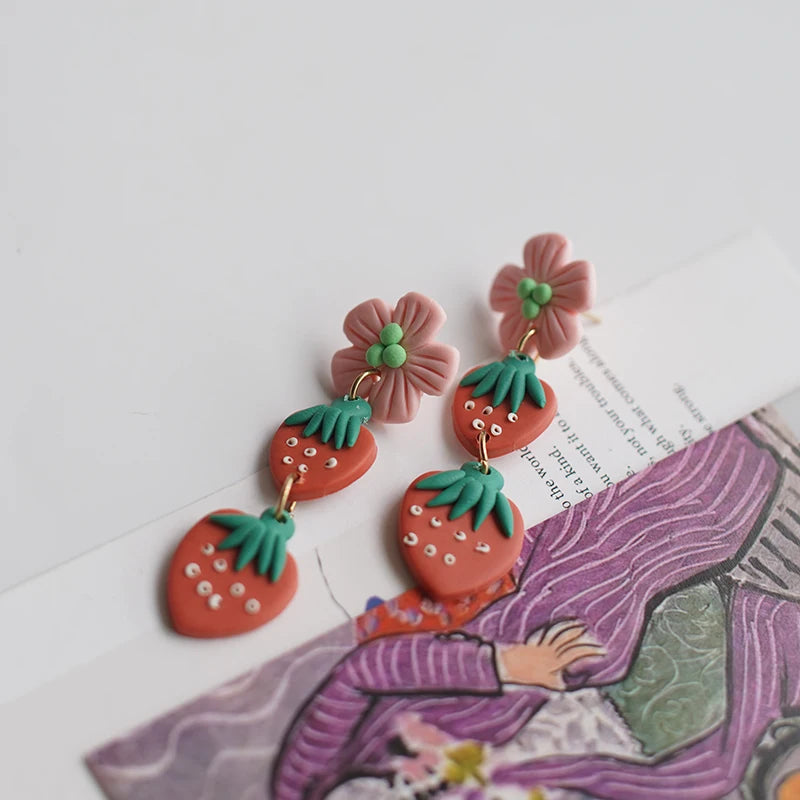 Handmade Multi Colors Pop Cute Long Small Size Light Weighted Fruit Heart Pattern Polymer Clay Earrings Sets Stud For Summer