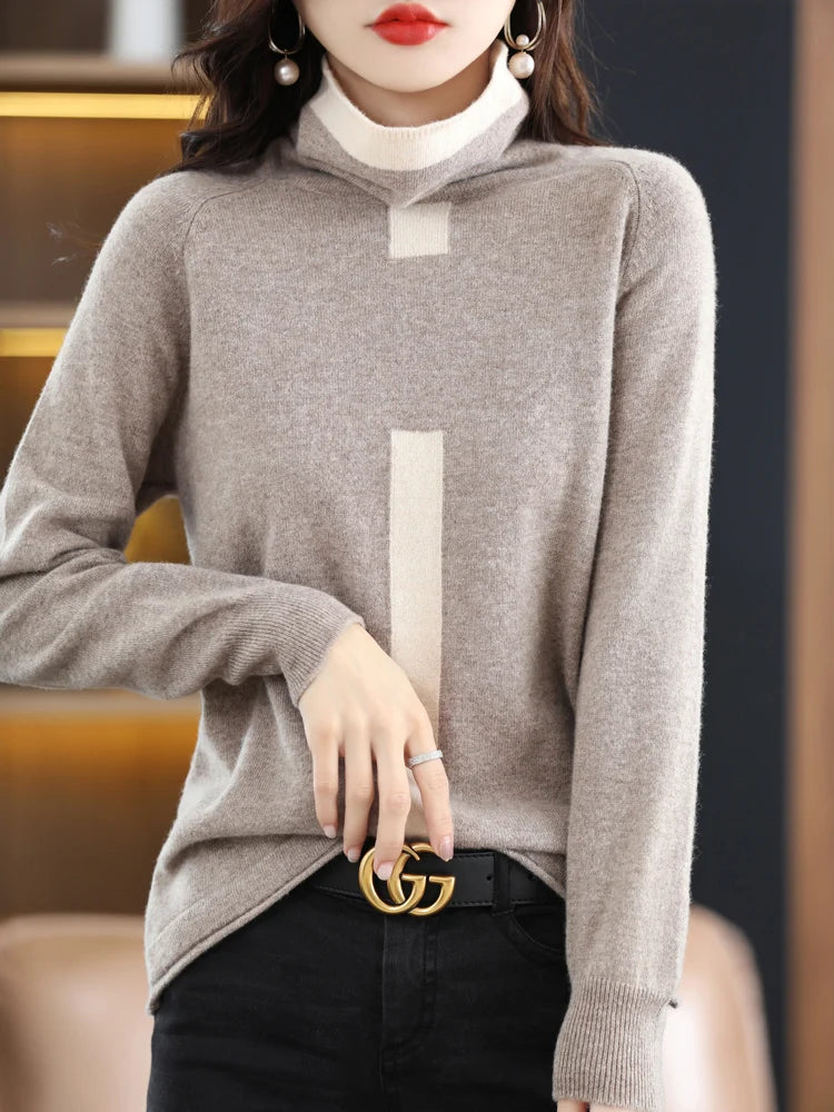 100% Mink Cashmere Sweater Ladies Pile Collar Pullover Tops Spring / Autumn New Colorblock Top Korean Style Fashion Tight Thin