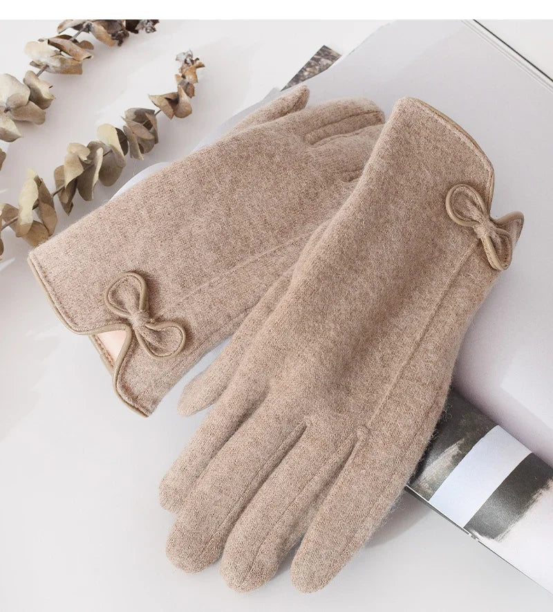 Women's Winter Cashmere Touch Screen Warm Gloves Outdoor Riding Plus Velvet Thicken Wool Bow Full Finger Driving Mittens S29