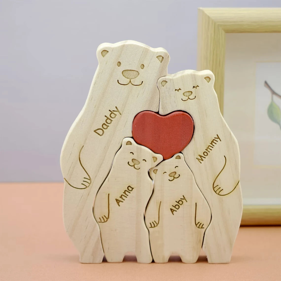 2024 Family Wooden Lovely Bears Puzzle Personalized Family Names Hug Bears Ornaments Christmas Gift Wooden Figurines Home Decor Valentines