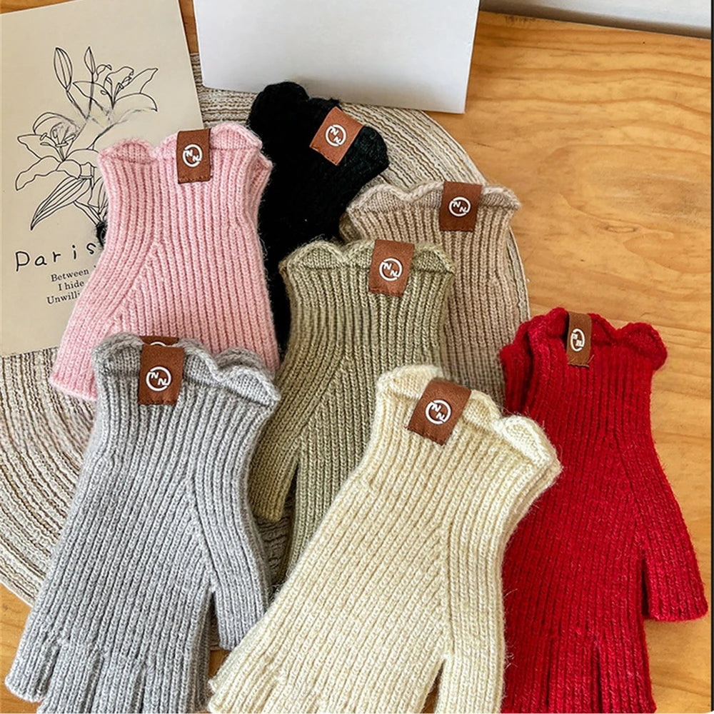 Women's Solid Color Knitted Warm Gloves Winter Half Finger Touch Screen Mittens Outdoor Cycling Stretch Gloves for Adult Couples