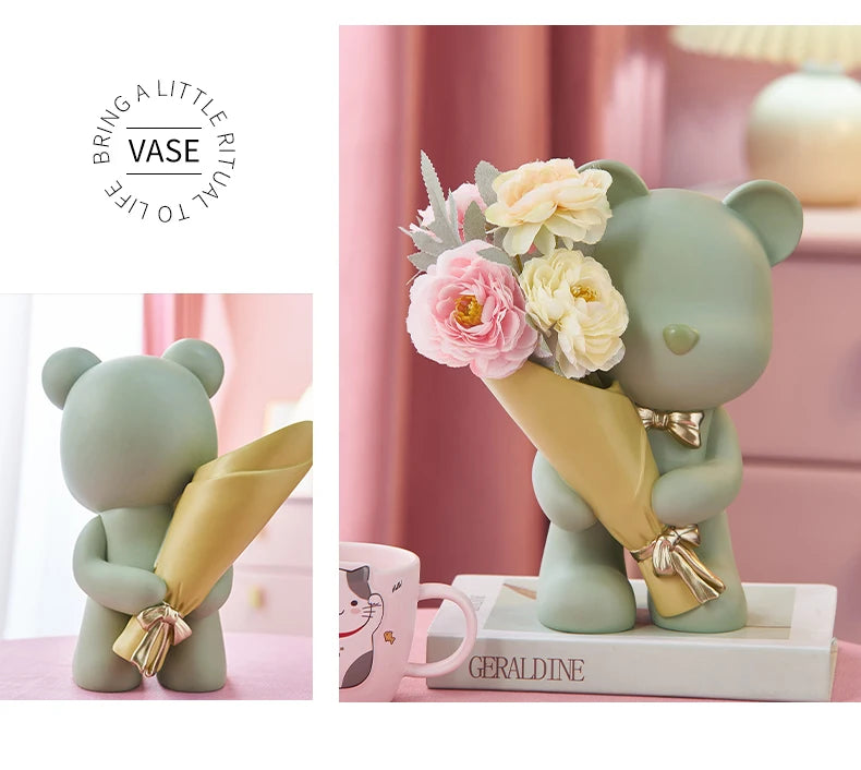 Bear Figurine Resin Flower Vase Modern Home Decor Vases Living Room Decoration Office Desk Accessories Wedding Decoration Gifts