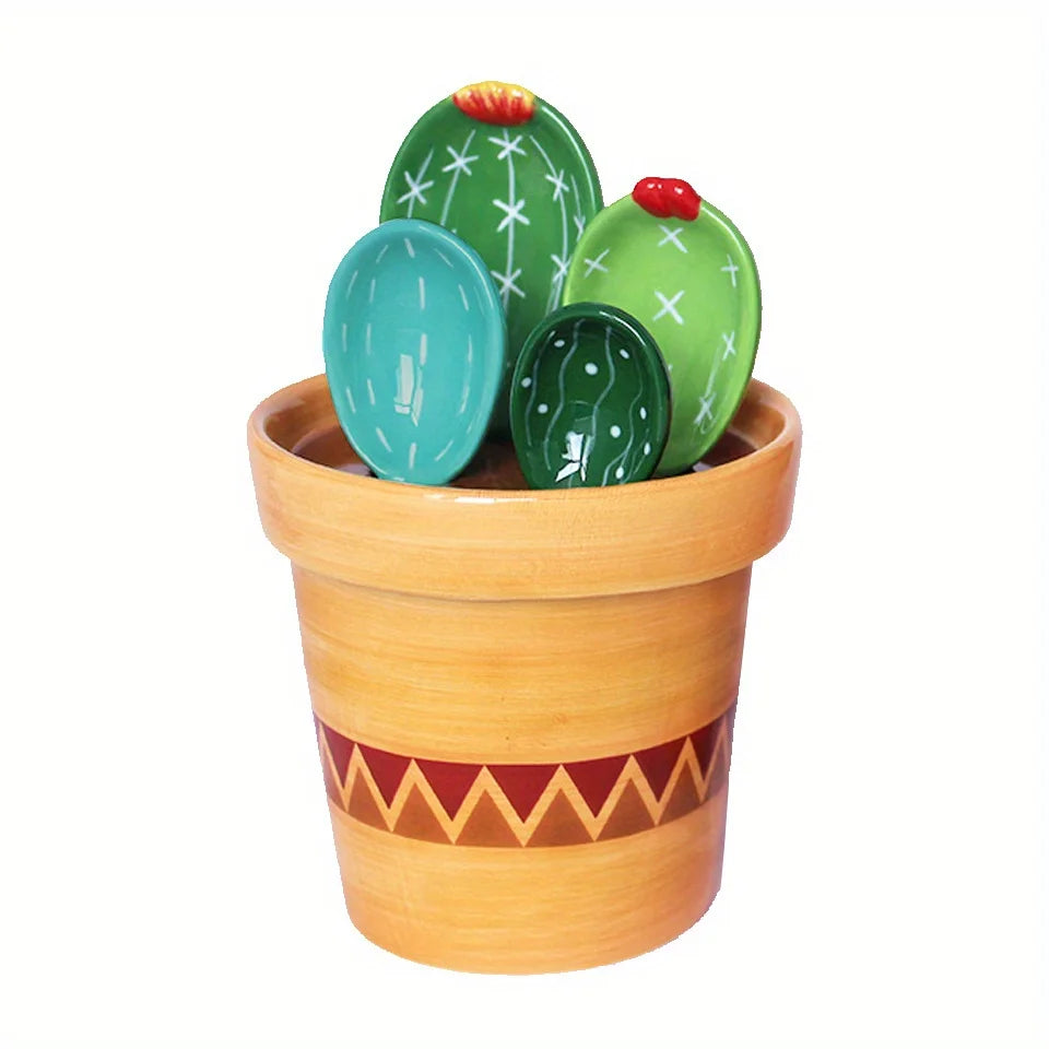 1set Ceramic Cactus Measuring Spoons Set Adorable Functional Kitchen Utensils with Holder Cup Unique Home Ornament Measuring Cup