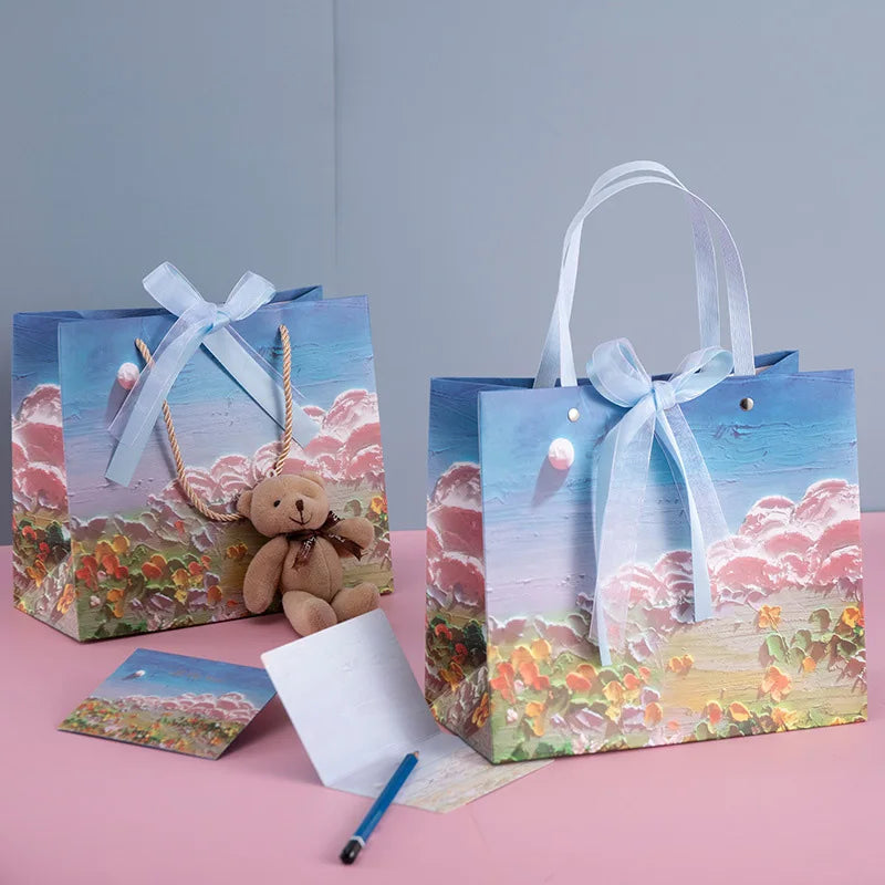 Flower Gift Packaging Bag 3D Cloud Oil Painting Paper Bag Valentine'S Day Birthday Wedding Party Favor Bag Clothes Store Handbag