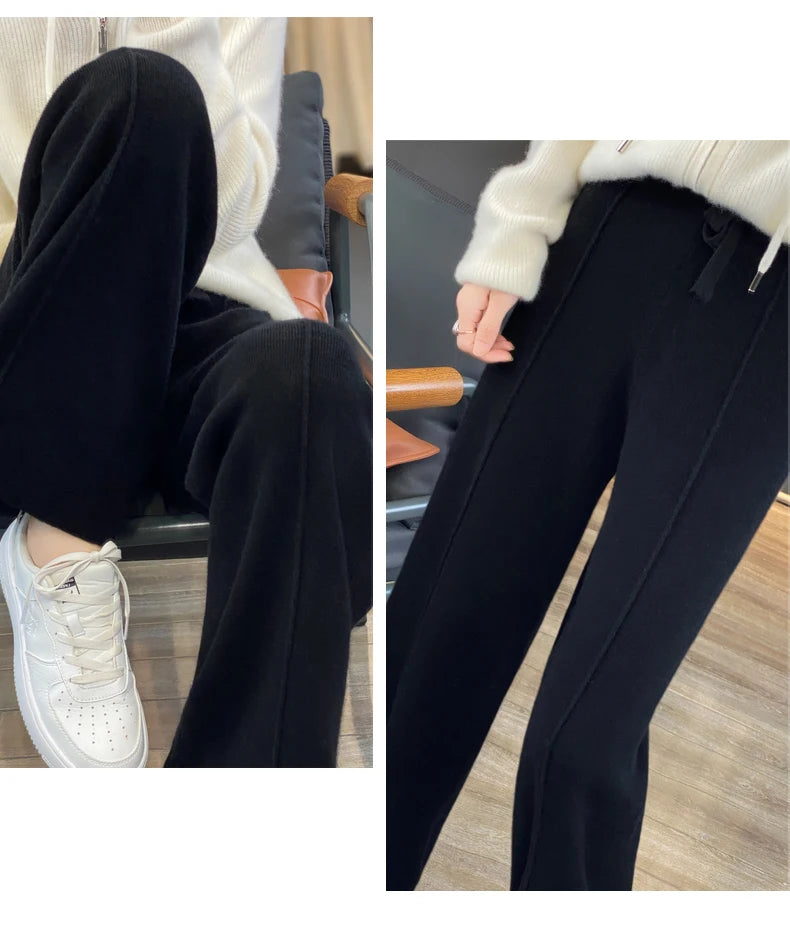 Women's Cashmere Pants 100% Merino Wool Broadfoot Pants Women's Knit Loose Knit Pants Fall/Winter 2024 Women's Thick Pants