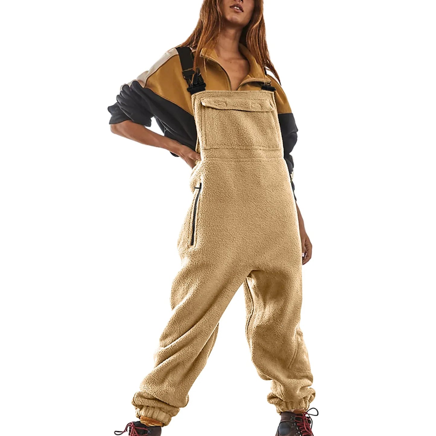 Womens Fleece Overalls One-piece Bibs Jumpsuits Adjustable Suspender Straps Warm Winter Fuzzy Ski Pants