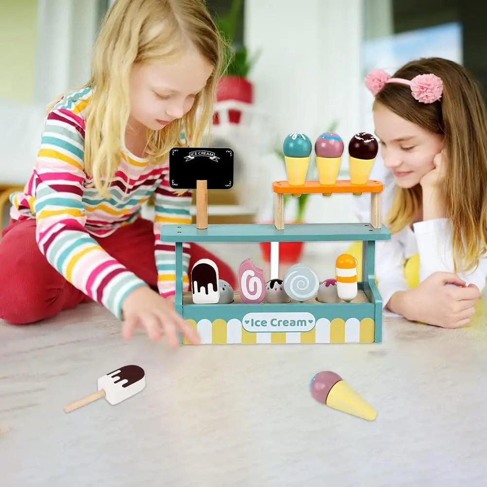 Kids Wooden Toy Ice Cream Counter Playset Tea Party Set Toy Montessori Pretend Play Kitchen Toy Role Play Game for Children Gift