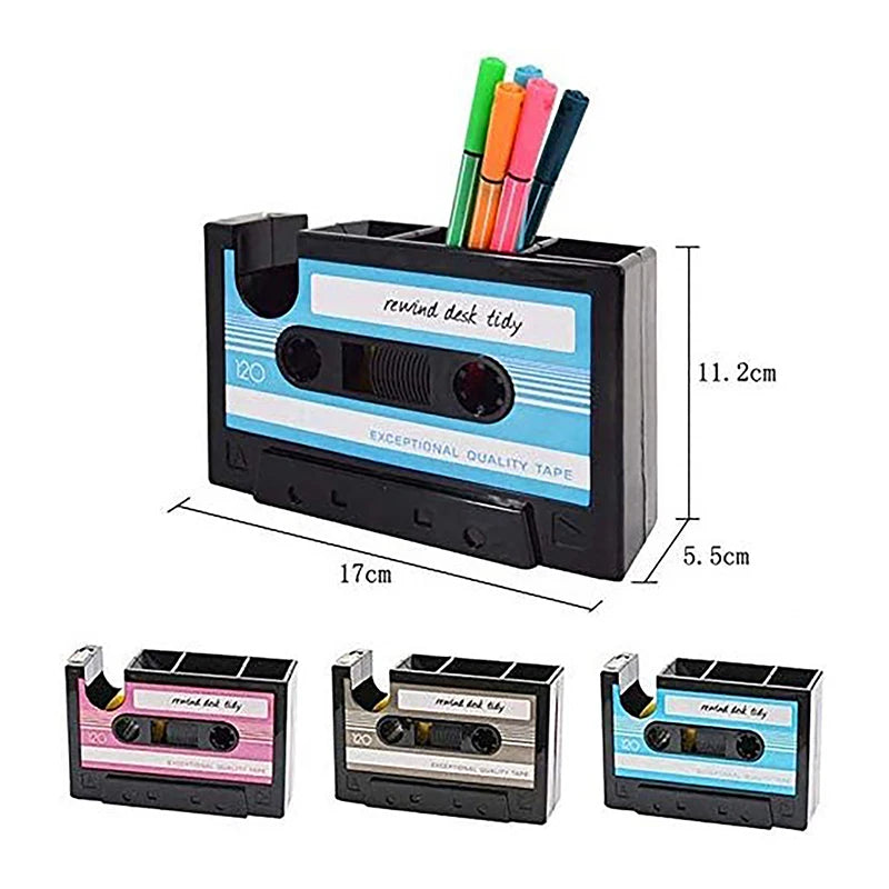 2 In 1 Multifunctional Pen Holder Creative Office Desk Stationery Organizer Retro Cassette Tape Dispenser Pen Holder Gift