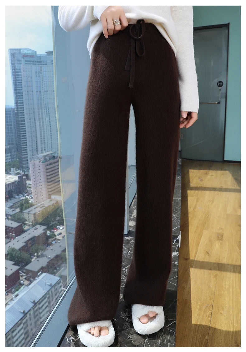 2024 Autumn/Winter New Mink Cashmere Wide Leg Pants for Women, Thickened, Warm, Loose, High Waist Strap up Vertical Casual Pants