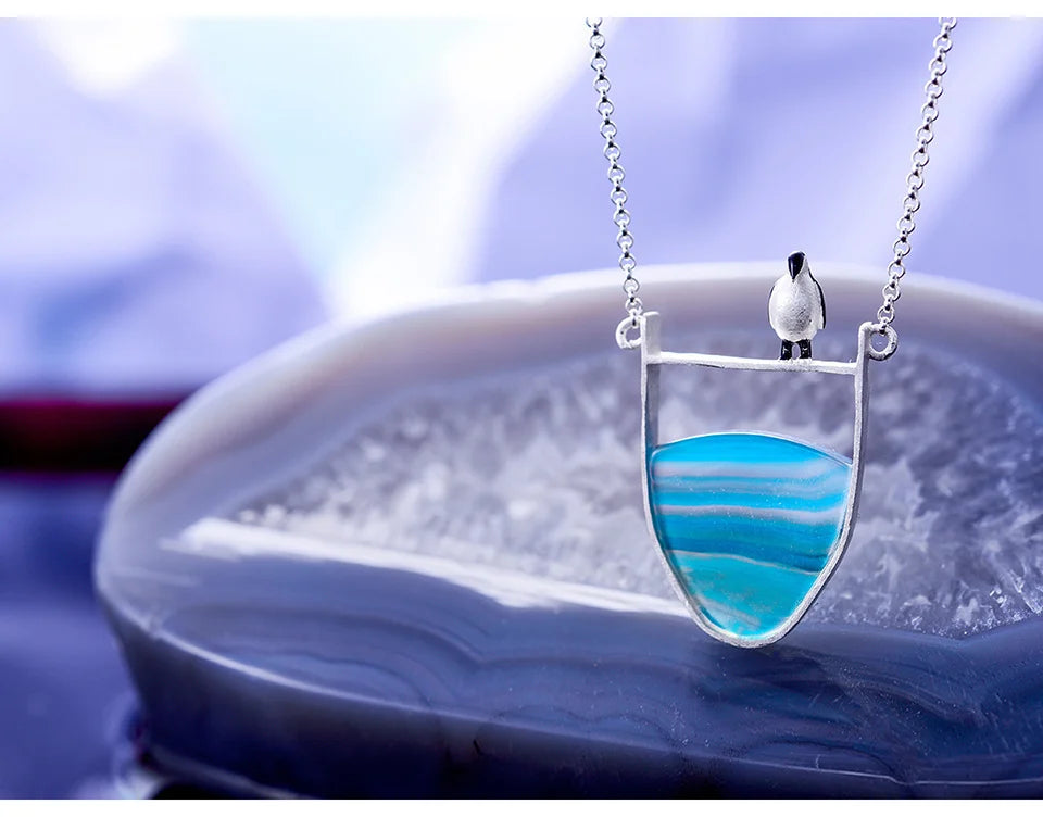 Lotus Fun Real 925 Sterling Silver Natural Agate Gemstones Fine Jewelry Lovely Penguin Necklace with Pendant for Women Collier