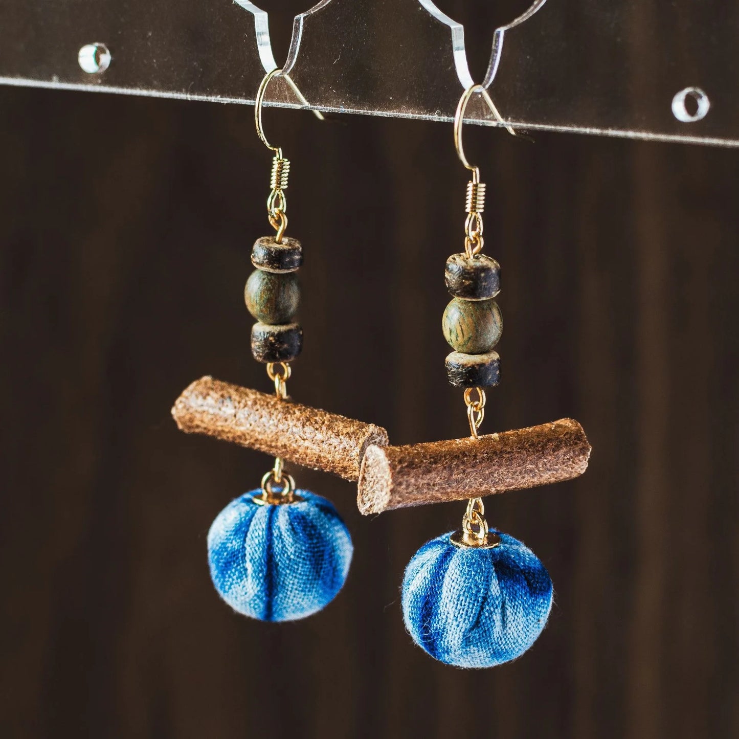 A pair of handmade indigo tie dye earrings with a shabby style, Chinese retro and ethnic style Women's Accessories