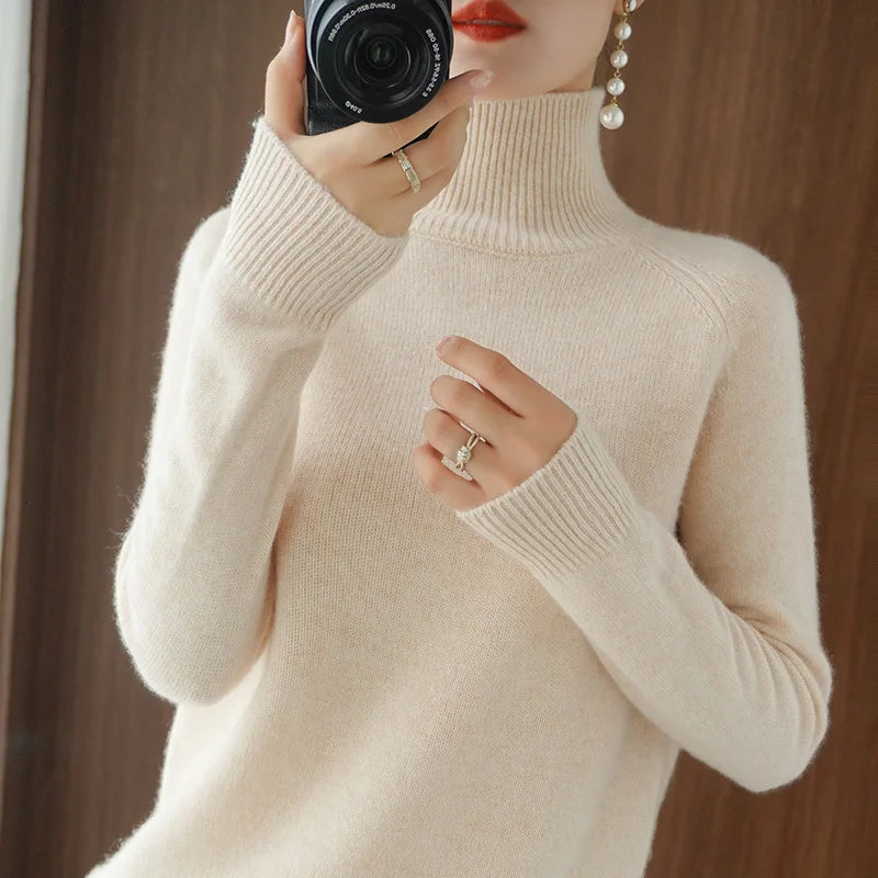 Fashion Basic Autumn Winter  Merino Wool Sweater Mock Neck Cashmere Pullover  Solid Color Soft Long Sleeve Clothing Tops