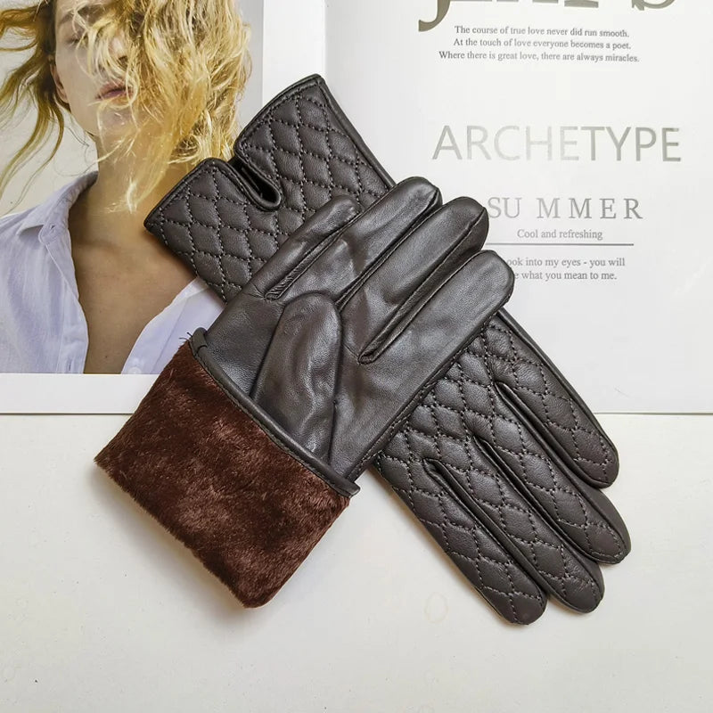 Women's sheepskin gloves with touch screen insulation and velvet lining for windproof riding and driving gloves