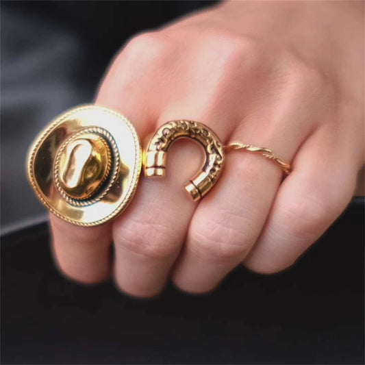 European and American Gothic Cowboy Boot Ring Vintage Horseshoe Brass Open Ring Plated with True Gold for Color Protection