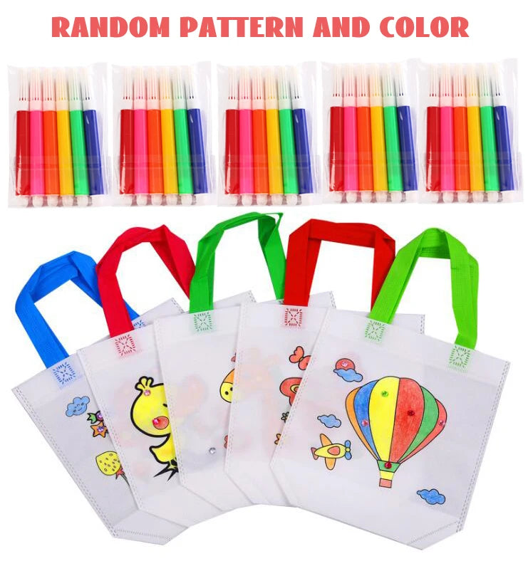 5 Sets DIY Graffiti Bag with Markers Handmade Painting Non-Woven Bag for Children Arts Crafts Color Filling Drawing Toy