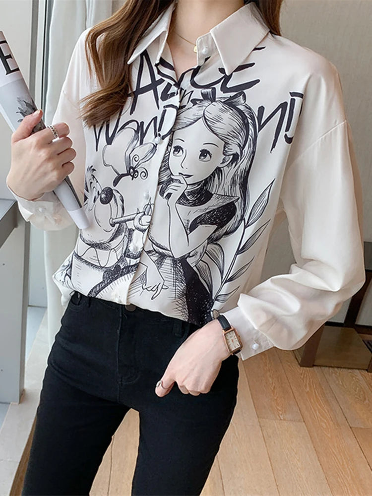 Casual Long Sleeve Cartoon Print Shirt Elegant Chiffon Blouse Women Vintage Harajuku Loose Tops Korean Chic Women Clothing Tunic