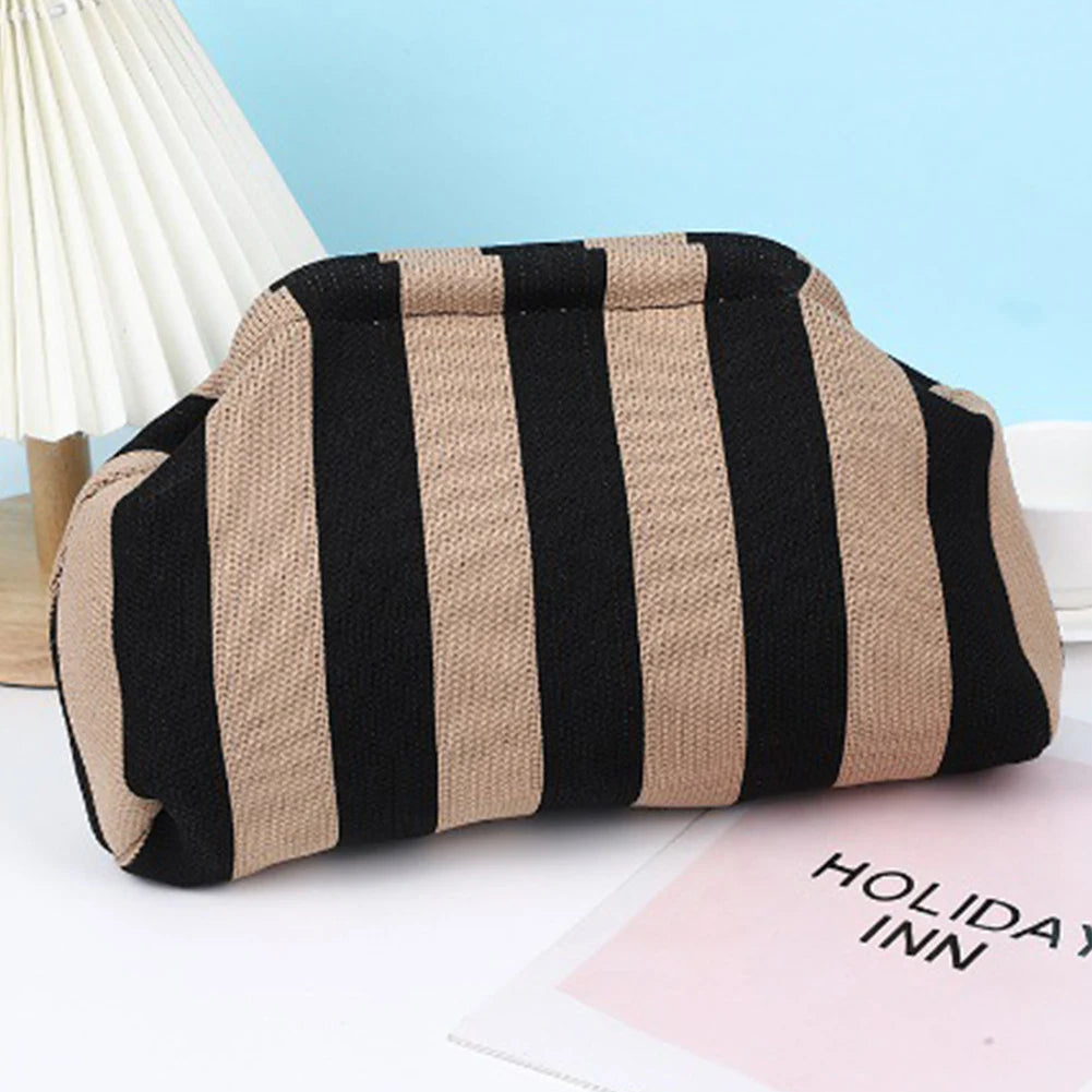 Women Knit Stripe Purse Contrast Color Small Crochet Handbag Knitting Dumpling Clutch Summer Beach Bag