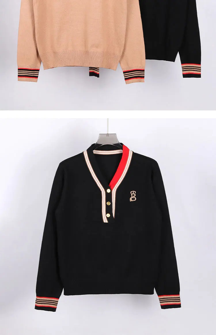 Letter Embroidered Knit Pullover Contrast Stripe V-neck Sweater Autumn Winter Women Tops Luxury Designer Brand Knitwear Clothing