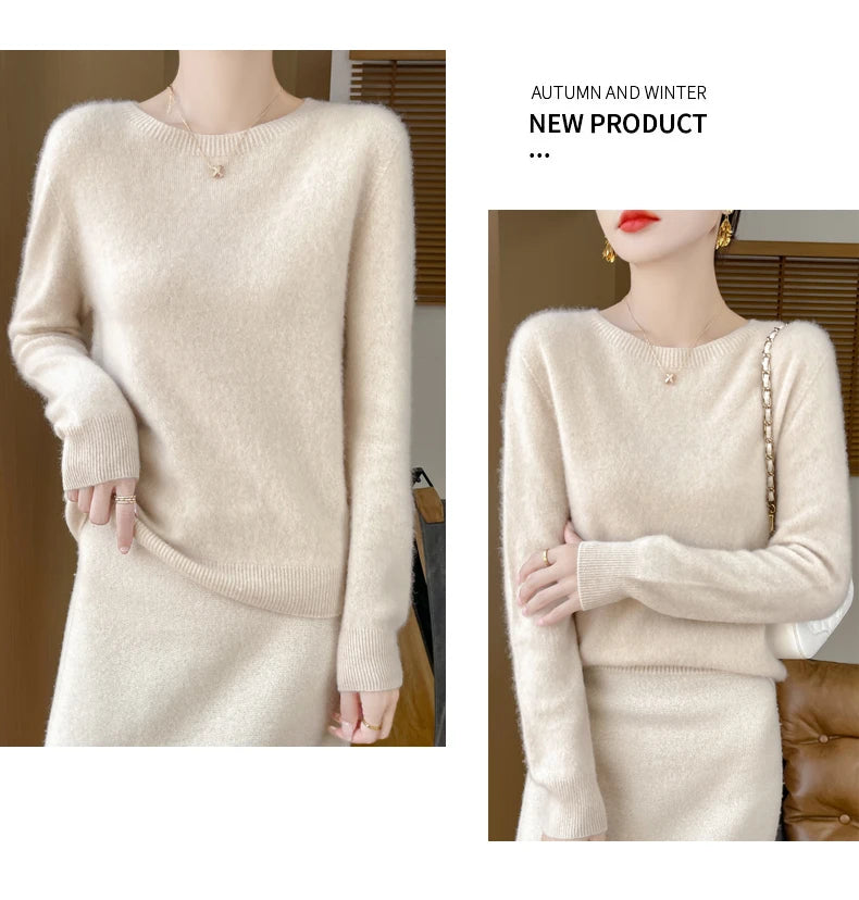 Autumn Winter Women Clothing O-Neck Pullover 100% Merino Wool Sweater New Fashion Cashmere Tops Bottoming Long Sleeve Knitwear