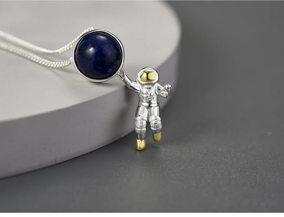 Lotus Fun Natural Lapis Lazuli Stone Space Odyssey Pendant Real 925 Sterling Silver Chains and Necklaces for Women Men's Jewelry