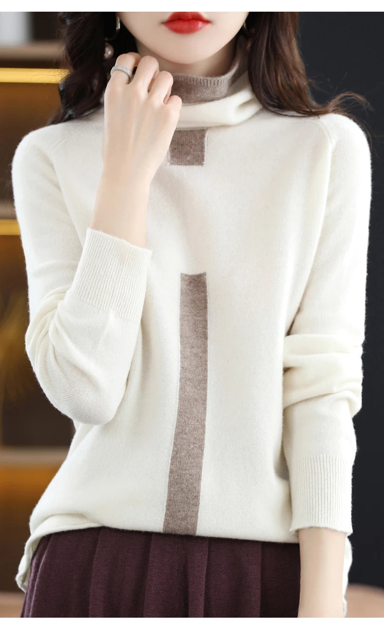 100% Mink Cashmere Sweater Ladies Pile Collar Pullover Tops Spring / Autumn New Colorblock Top Korean Style Fashion Tight Thin