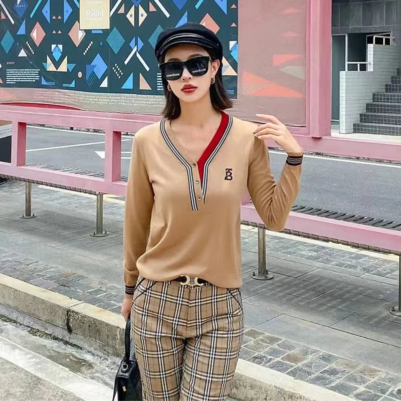 Letter Embroidered Knit Pullover Contrast Stripe V-neck Sweater Autumn Winter Women Tops Luxury Designer Brand Knitwear Clothing