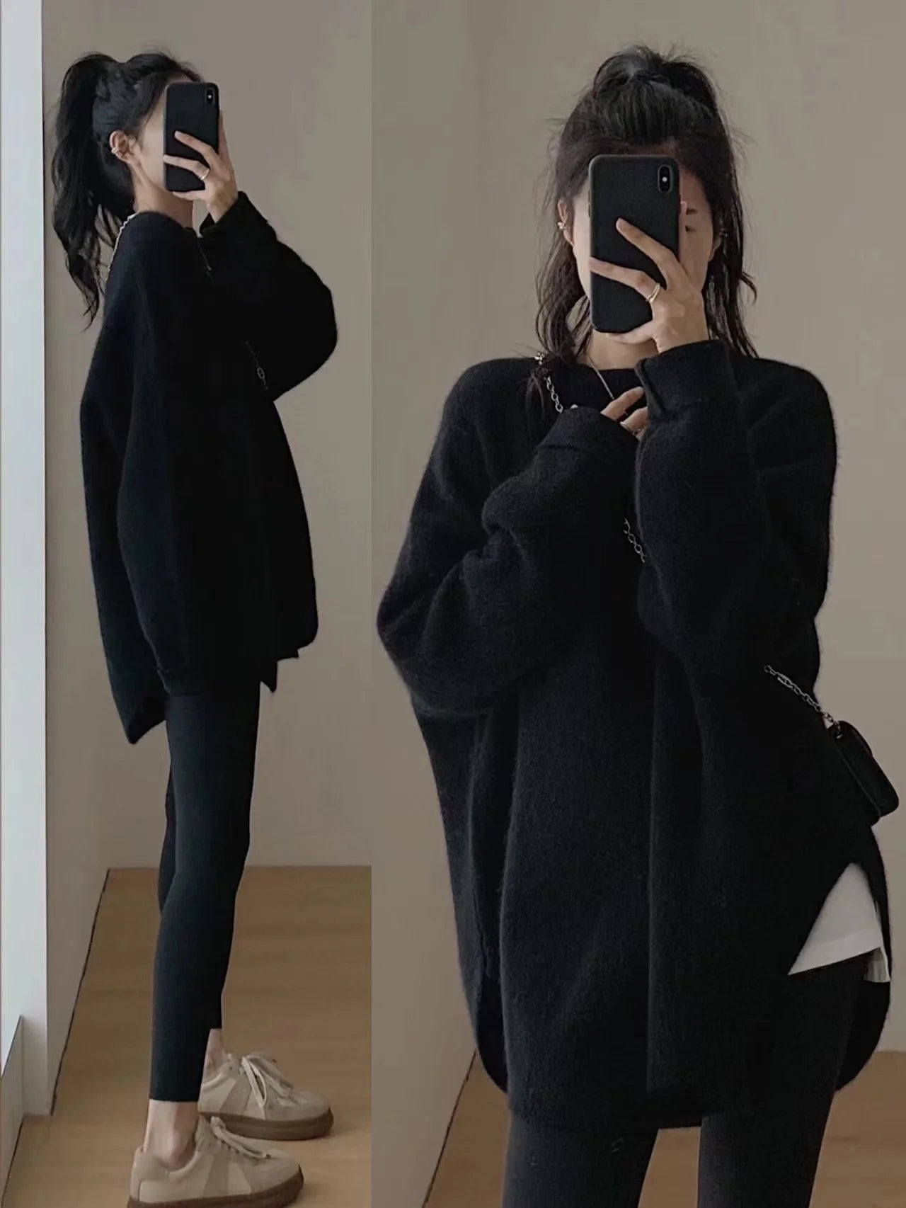 Korean women's mid to long pure wool pullover knitted sweater autumn winter 2024, fashionable and loose large size cashmere tops