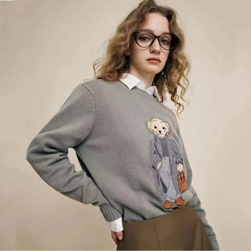 Rl Fall/Winter Cashmere Unisex Pullover Sweater Fashionable Casual Loose Fit O-Neck Knit Lauren Bear Women's Sweater 2024 New