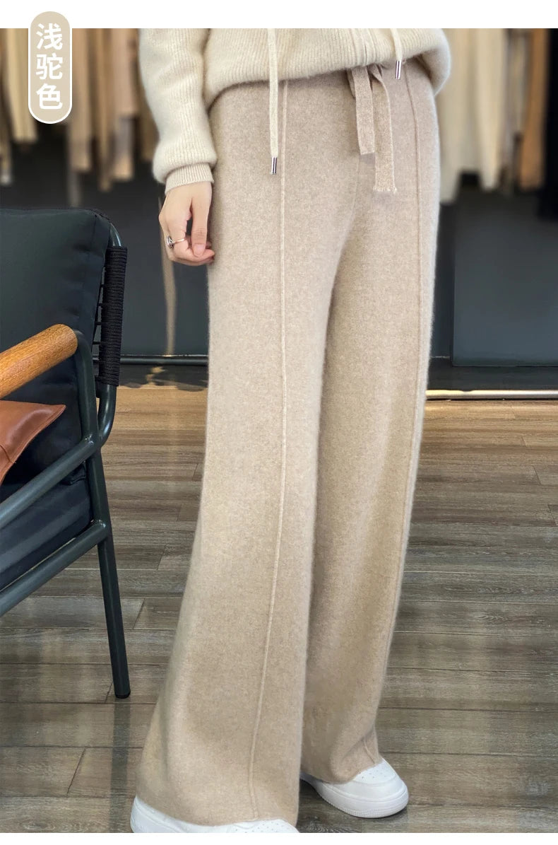 Women's Cashmere Pants 100% Merino Wool Broadfoot Pants Women's Knit Loose Knit Pants Fall/Winter 2024 Women's Thick Pants