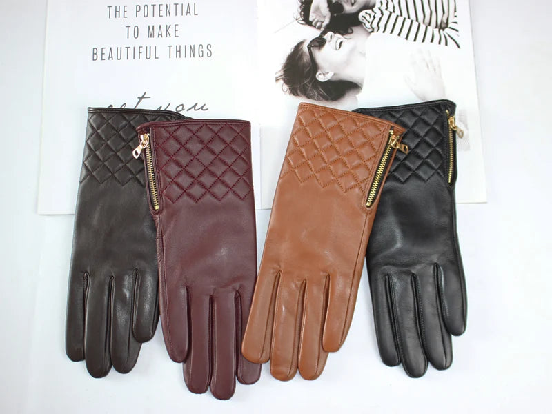 New Ladies Sheepskin Gloves Fashion Embroidered Zipper Style Touch Screen Winter Warm Thick Velvet Autumn Leather Driving Gloves