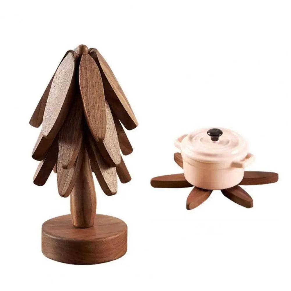 Christmas Tree Coaster with Base 3 Layers Tree Shape Wooden Trivet Anti-scald Countertop Pot Pan Coffee Tea Cup Holder Home