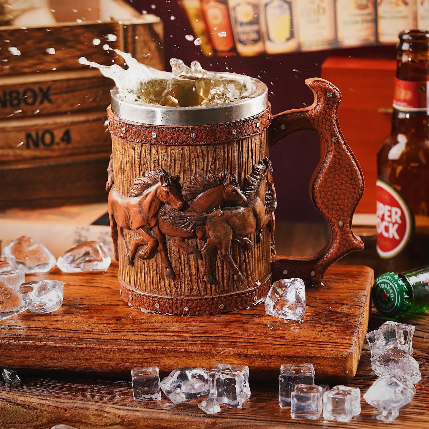 3D Handmade Beer Mug Wood Stainless Steel Cup Running Horses Simulation Wooden Barrel Double Wall Vintage Bar Accessories